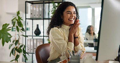 Buy stock photo Business, celebration and woman in office, computer and smile with profit growth, email and excited. Bonus, employee and consultant in workplace, pc or cheering with online news, success or promotion