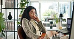 Business thinking and woman in office, computer and confused with planning, decision and online reading. Person, copywriting and journalist in workplace, pc and doubt with stress, solution and email 