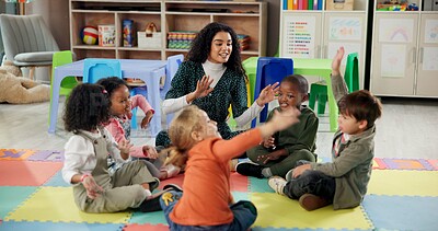 Buy stock photo Singing, students and teacher with children in classroom for education, nursery rhyme and creative. Growth, kindergarten and academy with woman and kids at school for youth and child development