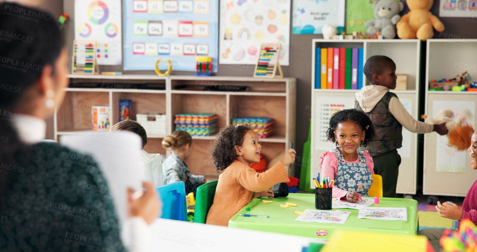 Buy stock photo Teacher, kids and students with smile for drawing for learning support, art lesson and kindergarten class. Person, children and writing with creative artwork, color activity and education development