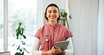 Healthcare worker, nurse and portrait of woman with tablet for telehealth and nursing with internet. Female person, career and technology for job in medical industry as professional at facility