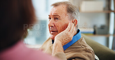 Buy stock photo Hearing aid, consultation and nurse with senior man in clinic office for healthcare helping. Talking, medical and caregiver with deaf elderly male patient for audiology implant at nursing home.