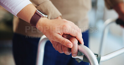 Buy stock photo Hands, caregiver and senior patient with walker for mobility support, walking guidance and healing in retirement. Nursing home, nurse and old person in assisted living for healthcare service and help