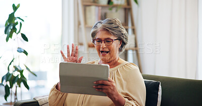 Buy stock photo Senior woman, wave and video call on tablet on sofa in house living room for fun conversation. Smile, greeting and elderly person speaking online for retirement, connection and virtual chat together