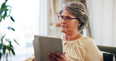 Buy stock photo Home, thinking and senior woman with tablet, calm and planning for retirement in lounge or apartment. House, contemplating and elderly person with tech for insurance policy, online and living room