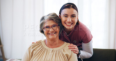 Buy stock photo Home, portrait and nurse with old woman, smile and support with trust in living room. Face, pensioner and caregiver in lounge, happiness and confidence with healthcare, service and retirement