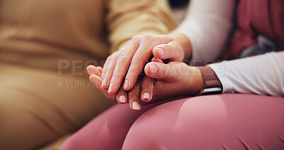 Buy stock photo People, holding hands and support with patient and nurse at healthcare facility, empathy or comfort for bad news. Advice, closeup and compassion for kindness with caregiver helping for elderly care
