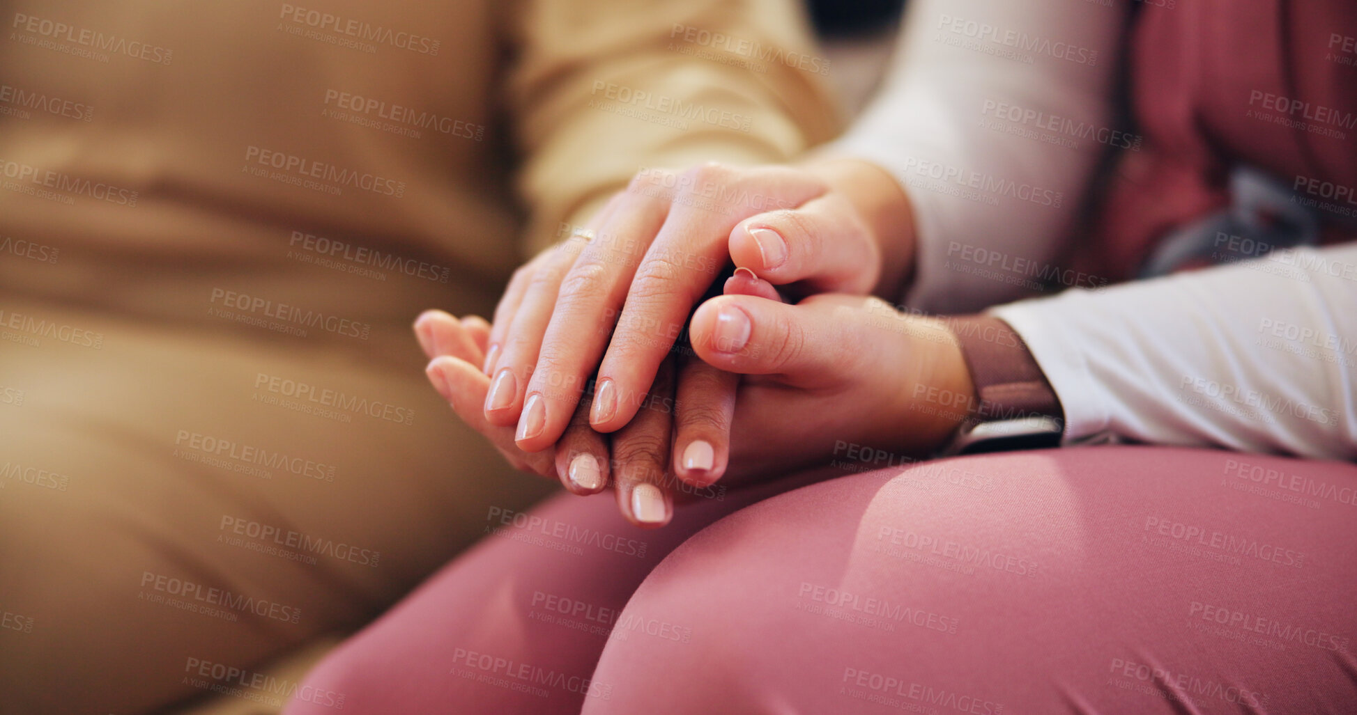 Buy stock photo People, holding hands and support with patient and nurse at healthcare facility, empathy or comfort for bad news. Advice, closeup and compassion for kindness with caregiver helping for elderly care