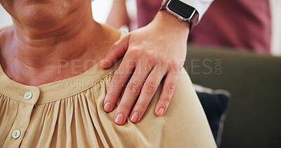 Buy stock photo Nurse, patient and hand for support with comfort, empathy for bad news and trust in consultation. Health, counseling and compassion for kindness with caregiver help for elderly care in retirement