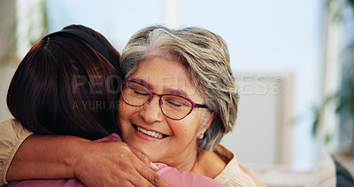 Buy stock photo Hug, support with old woman and daughter in home, family for love and bonding for comfort in living room. Peace, trust and embrace with senior mom, female person and gratitude together at house