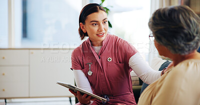 Buy stock photo Nurse, senior patient and tablet with support, advice and medical results for diagnosis with counseling. Help, trust and caregiver with elderly woman in retirement home with online treatment plan