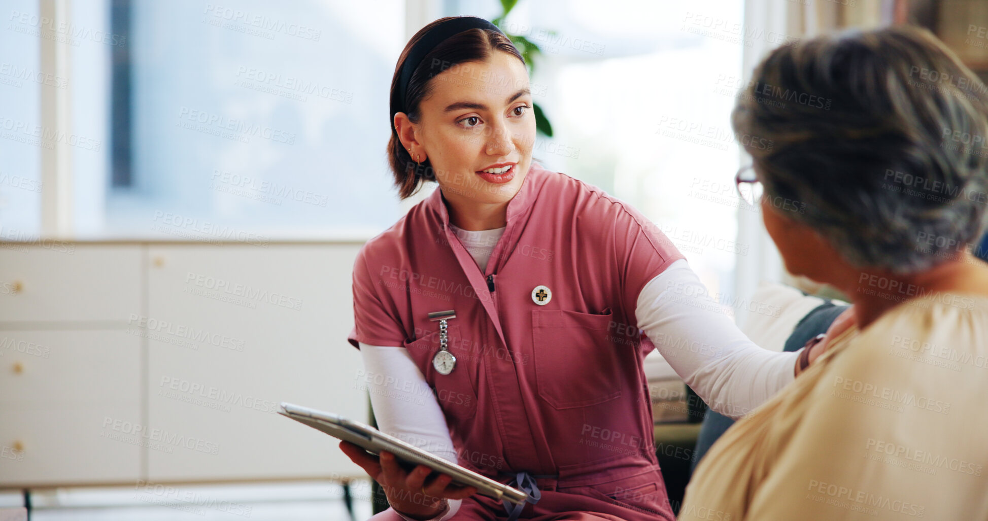 Buy stock photo Nurse, senior patient and tablet with support, advice and medical results for diagnosis with counseling. Help, trust and caregiver with elderly woman in retirement home with online treatment plan