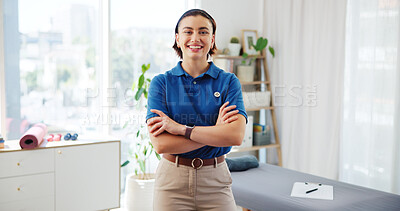 Buy stock photo Crossed arms, physiotherapy and portrait of woman in office for wellness, physical therapy and medical service. Healthcare, professional and happy person for rehabilitation, mobility and recovery