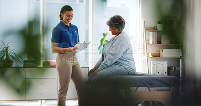 Buy stock photo Talking, physiotherapist and senior woman with clipboard for wellness, consulting and physical therapy. Healthcare, medical service and patient with chiropractor for rehabilitation, recovery and help