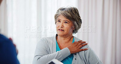 Buy stock photo Mature woman, shoulder pain or consultation with physiotherapist for injury or muscle tension at clinic. Female person, sore arm or ache with physiotherapy for checkup, medical diagnosis or advice