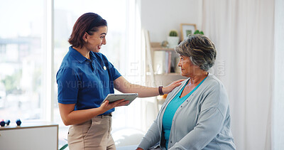 Buy stock photo Woman, physiotherapist and consulting with tablet or patient for medical checkup, visit or appointment. Female person, client and technology with physical exam for health advice or results at clinic