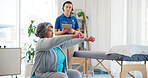 Senior woman, dumbbells and consultation with therapist for stretching, mobility exercise and rehabilitation. People, tablet and patient training with physical therapy, progress report and assessment