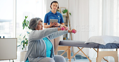 Buy stock photo Senior woman, dumbbells and checkup with physiotherapist for stretching, mobility exercise and rehabilitation. People, tablet and patient recovery for physical therapy, progress report and assessment