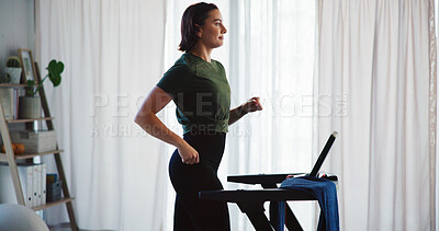 Buy stock photo Fitness, woman and running on treadmill in home for wellness challenge, cardio workout or burning calories. Athlete, person and exercise on machine for morning routine, weight loss or health training