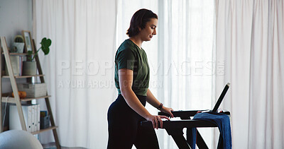 Buy stock photo Home, athlete woman or walking on treadmill in for fitness challenge, cardio exercise or health. Mobility, person and electric workout machine for morning routine, weight loss or wellness training