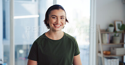 Buy stock photo Portrait, relax and woman with smile, house and confident in living room, calm and break on weekend. Apartment, proud and person with happiness in lounge, morning and girl in home, chilling or Canada