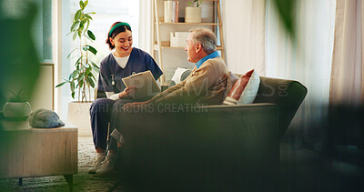 Buy stock photo Nurse, clipboard and senior man on sofa for assisted living, medical service and care in nursing home. Retirement, healthcare notes and caregiver with elderly person for consulting, support and help