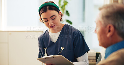 Buy stock photo Nurse, clipboard and senior man consulting for assisted living, medical service and care in nursing home. Retirement, healthcare and caregiver with elderly person for writing notes, support and help