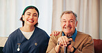 Home, portrait and old man with nurse, smile and funny with happiness, relax and consultation. Face, caregiver and elderly patient on sofa, cheerful or humor with joke, resting and trust with support