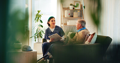 Buy stock photo Caregiver, clipboard and senior man on sofa for assisted living, medical service and diagnosis in nursing home. Retirement, healthcare and nurse with elderly person for consulting, support and help