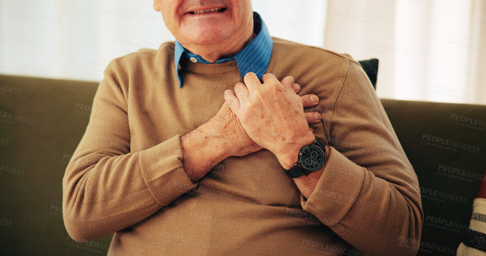 Buy stock photo Heart attack, chest pain and hands of senior man on sofa with worry for emergency, medical crisis and heartburn. Retirement, home and mature person with discomfort, breathing strain and stroke