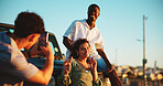 Phone, photography and friends on road trip with peace sign, smile and outdoor bonding together. Fun, digital picture and people on car with smartphone, travel adventure and happy memory on vacation