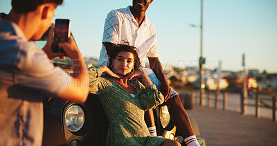 Buy stock photo Phone, photography and friends on road trip with fun holiday, smile and outdoor bonding together. Relax, digital picture and people on car with cellphone, travel adventure or happy memory on vacation