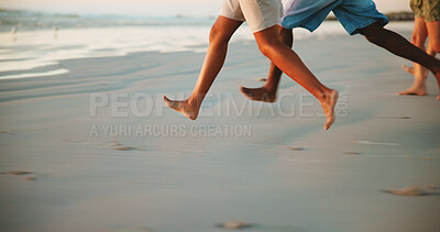 Buy stock photo Running, feet and group on vacation, beach and friends with energy in paradise, outdoor and bonding. Summer holiday, legs and people on getaway in nature, ocean and speed on weekend, together or trip