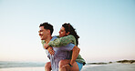 Piggy back, happy and couple at beach for romantic vacation, holiday and weekend outdoors. Travel, nature and man carry woman by sea, ocean and bonding on adventure, journey and walking together