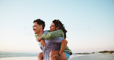Buy stock photo Piggy back, happy and couple at beach for romantic vacation, holiday and weekend outdoors. Travel, nature and man carry woman by sea, ocean and bonding on adventure, journey and walking together