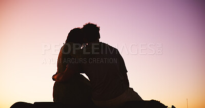 Buy stock photo Sunset sky, romance and silhouette of couple on road trip with holiday, hug and outdoor bonding together. Relax, man and woman embrace on car with back, space and love on travel adventure vacation