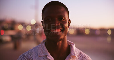 Buy stock photo Portrait, happy and black man in outdoor for summer vacation, urban travel and weekend break. Smile, male person and sightseeing for holiday destination, tourist getaway and sunset for Florida trip
