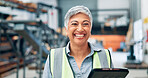 Woman, engineer and portrait in factory with tablet, distribution schedule and happy in business. Mature operator, tech and smile in warehouse for software, industrial plant or automation development