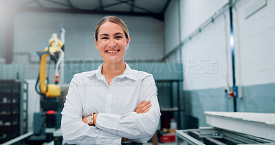 Buy stock photo Portrait, smile and woman at robotics factory for production, manufacturing and industry inspection. Happy, technician and arms crossed with pride for automation, machine development and maintenance