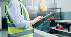 Hands, person and tablet at robotics factory for research, machine update and technical guide. Engineer, digital remote control and production manual, automation safety and process for manufacturing