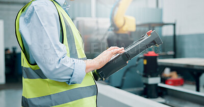 Buy stock photo Hands, person and tablet at robotics factory for research, machine update and technical guide. Engineer, digital remote control and production manual, automation safety and process for manufacturing