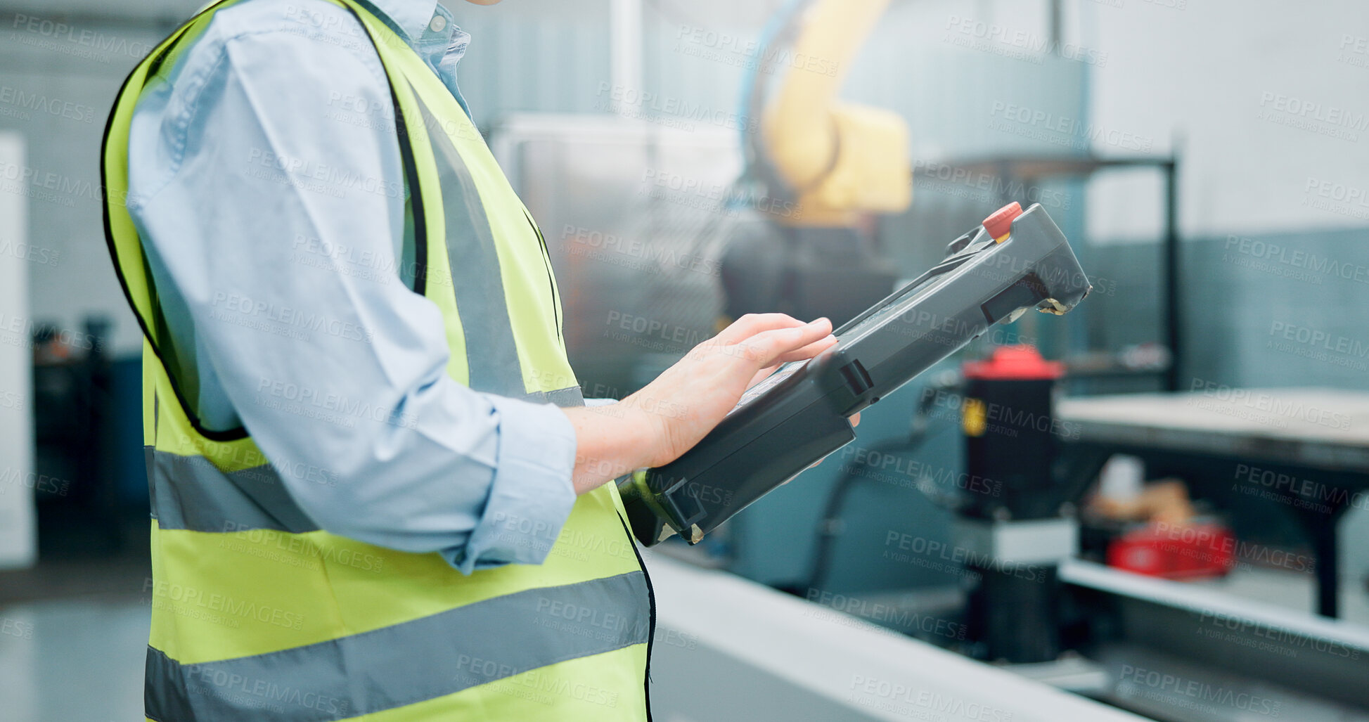 Buy stock photo Hands, person and tablet at robotics factory for research, machine update and technical guide. Engineer, digital remote control and production manual, automation safety and process for manufacturing