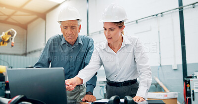 Buy stock photo People, manager and laptop at robotics factory for research, machine update and technical guide. Engineer, teamwork and production manual, automation safety and diagnostics report for manufacturing