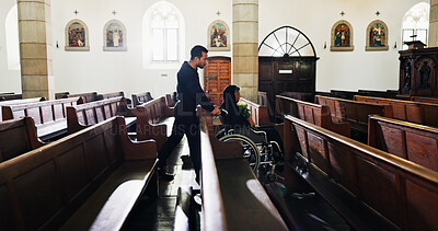 Buy stock photo Funeral, depression and woman with grief, church and widow with flowers for memorial service or wheelchair. Christianity, mourning and senior person with disability, sad and thinking of death or loss