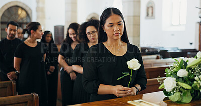 Buy stock photo Grief, woman and rose at funeral for farewell service, mourning death and goodbye at burial ceremony. Person, flower and respect with rip, memorial comfort and emotional gathering at community church