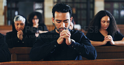Buy stock photo Religion, praying and man in church with congregation for memorial, burial or funeral service. Worship, spiritual guidance and male person with prayer for hope, faith or respect with gospel in chapel