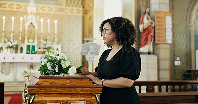 Buy stock photo Thinking, woman and coffin at funeral for farewell, mourning death and goodbye at burial ceremony. Person, family and respect with rip, memorial service and emotional gathering at community church