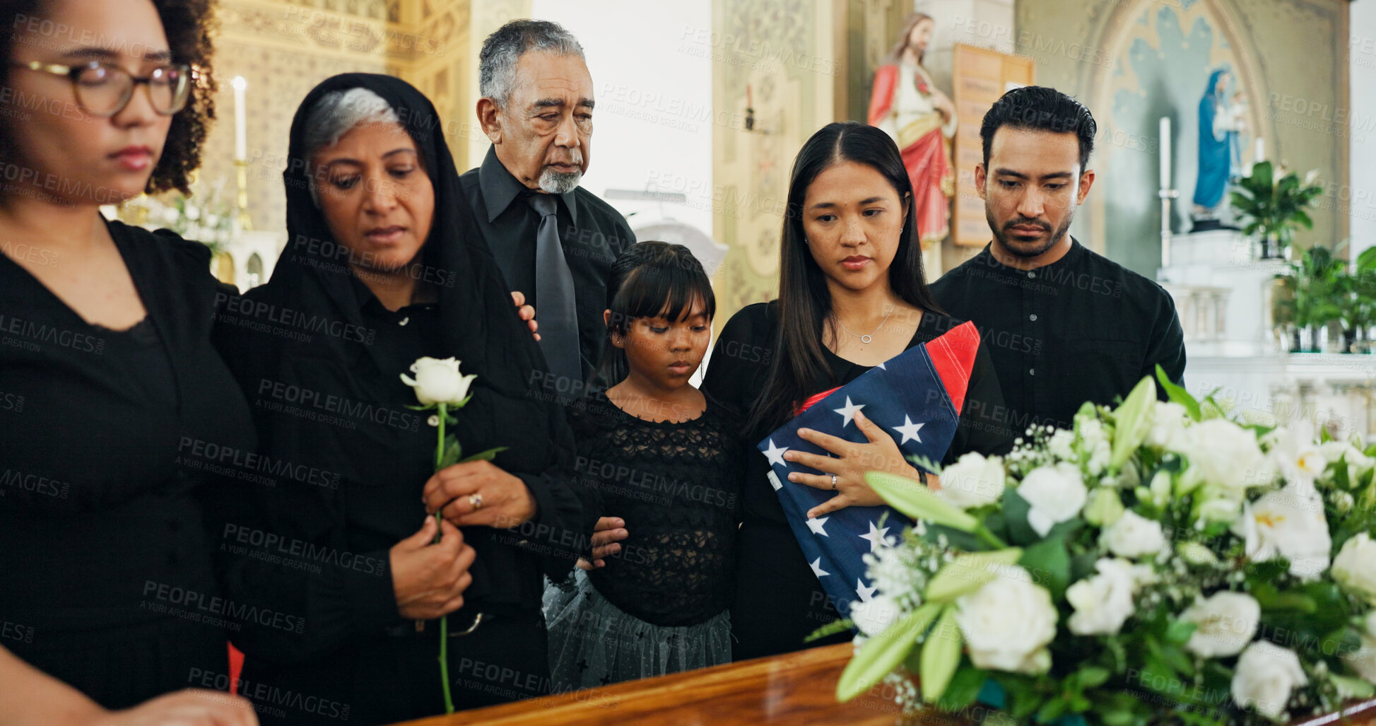 Buy stock photo Funeral, death or family loss with flag or coffin in church for farewell service or mourning army veteran. America, casket or grieving with kid, people or flowers for burial, soldier or ceremony