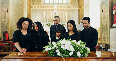 Buy stock photo Sad funeral, death or family with coffin in church for farewell service, mourning or grief. Dead, goodbye or grieving with sorrow or respect in Christian cathedral for burial, memorial or ceremony