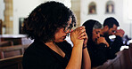 Religion, praying and woman in church with family for memorial, burial or funeral service. Worship, spiritual guidance and female person with prayer for hope, faith or respect with gospel in chapel.